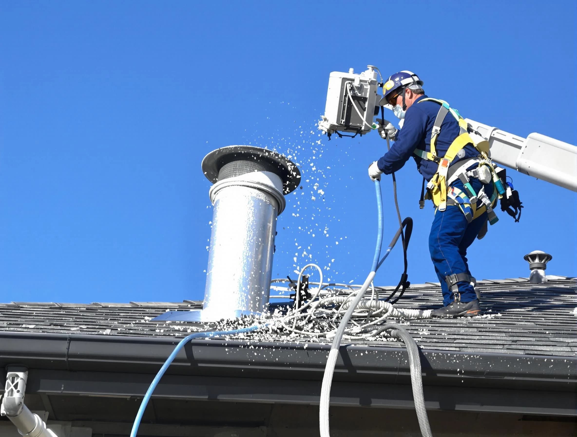 Newton Dryer Vent Cleaning certified technician safely cleaning a roof-mounted dryer vent in Newton