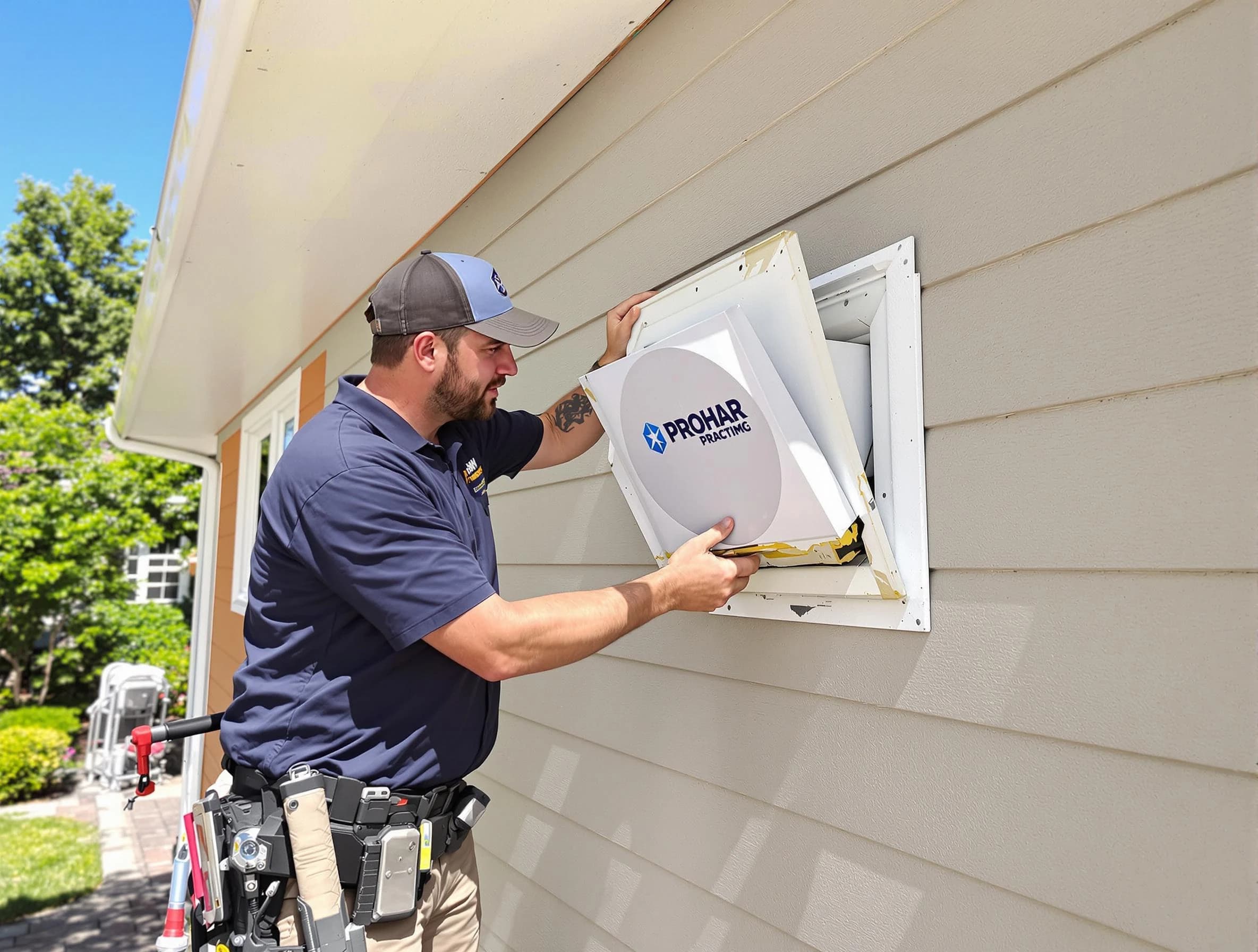 Newton Dryer Vent Cleaning technician installing a new protective dryer vent cover on a home in Newton