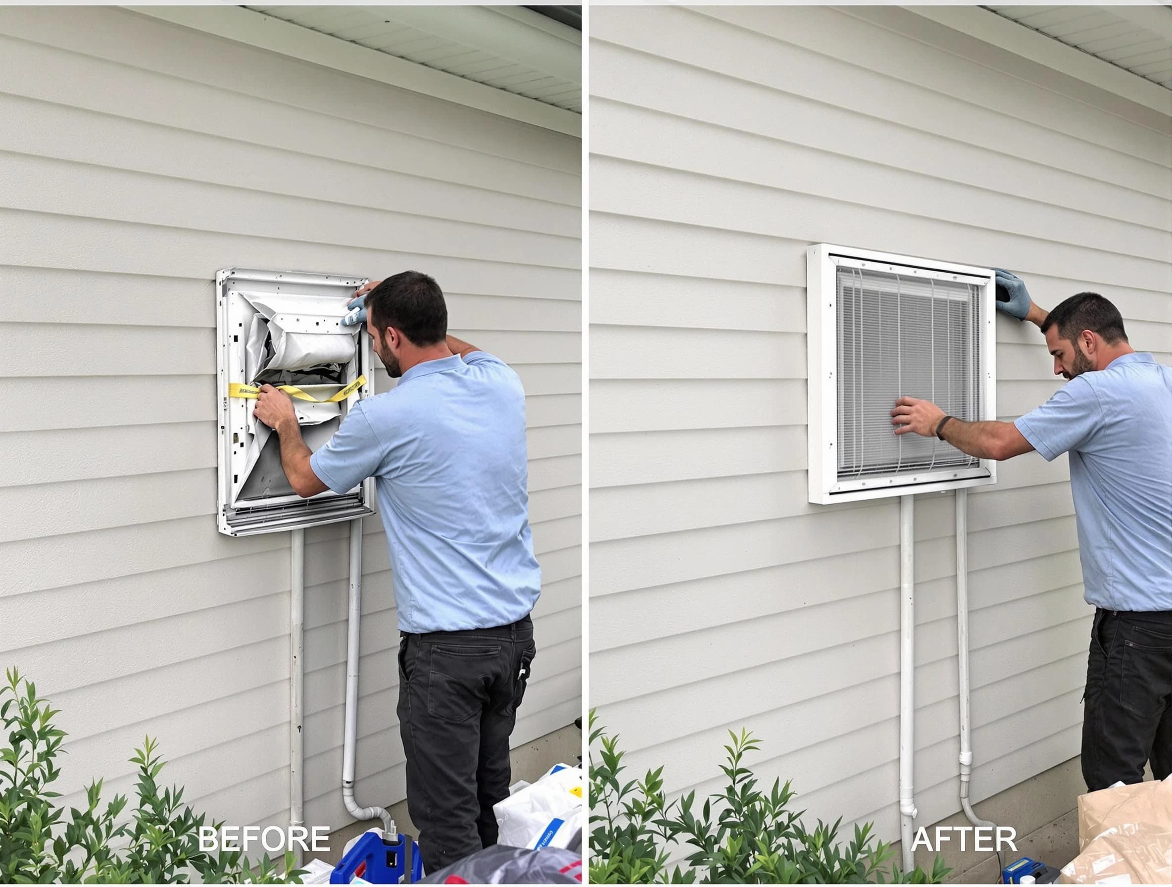 Newton Dryer Vent Cleaning technician installing high-quality dryer vent cover at a residential property in Newton
