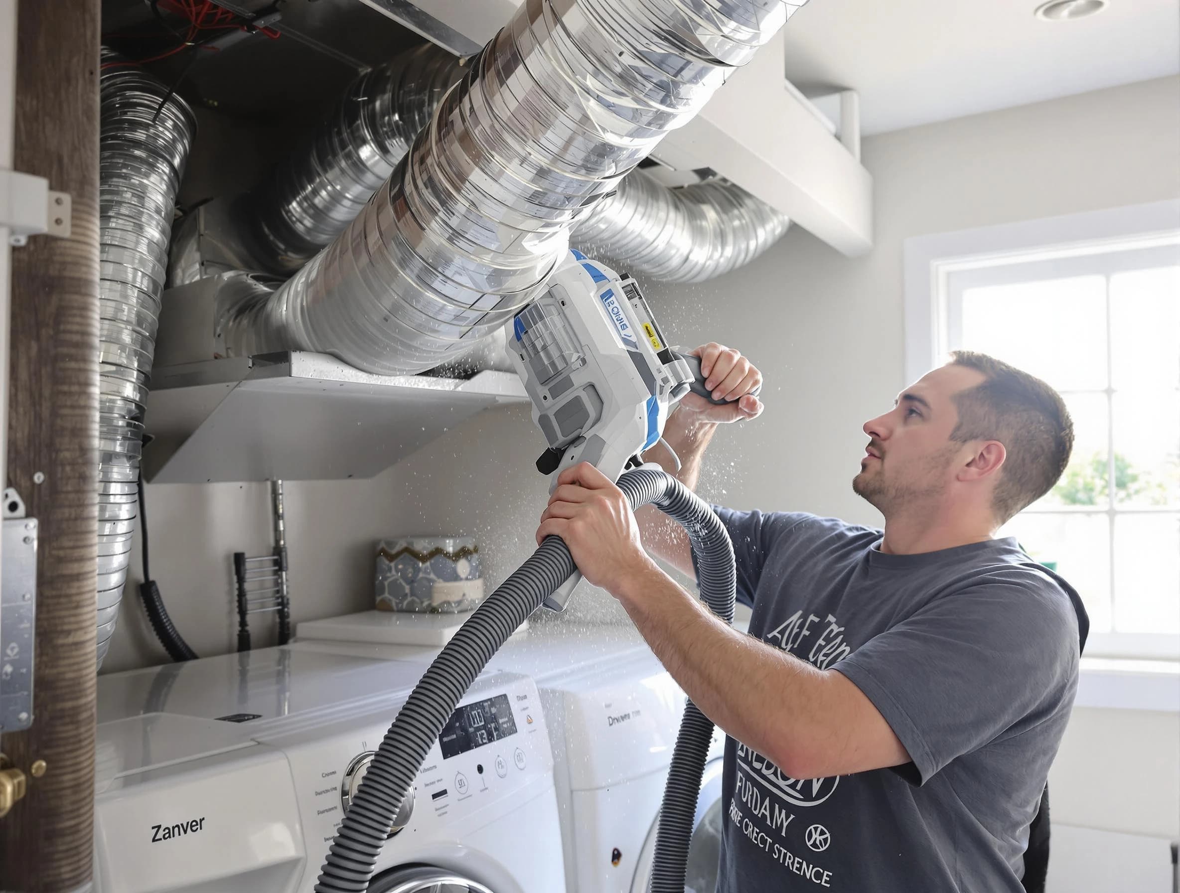 Newton Dryer Vent Cleaning specialist cleaning deep within a dryer vent duct system in Newton